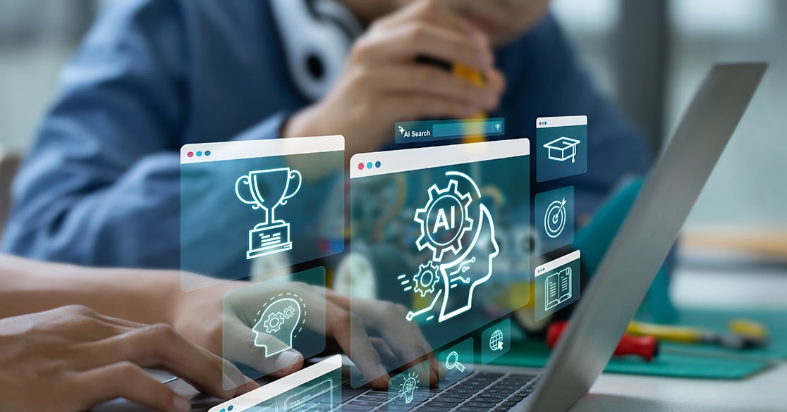 Empowering Educators with AI and Data at FETC 2026 Laptop with AI icons representing education and innovation, highlighting artificial intelligence tools for K–12 learning.